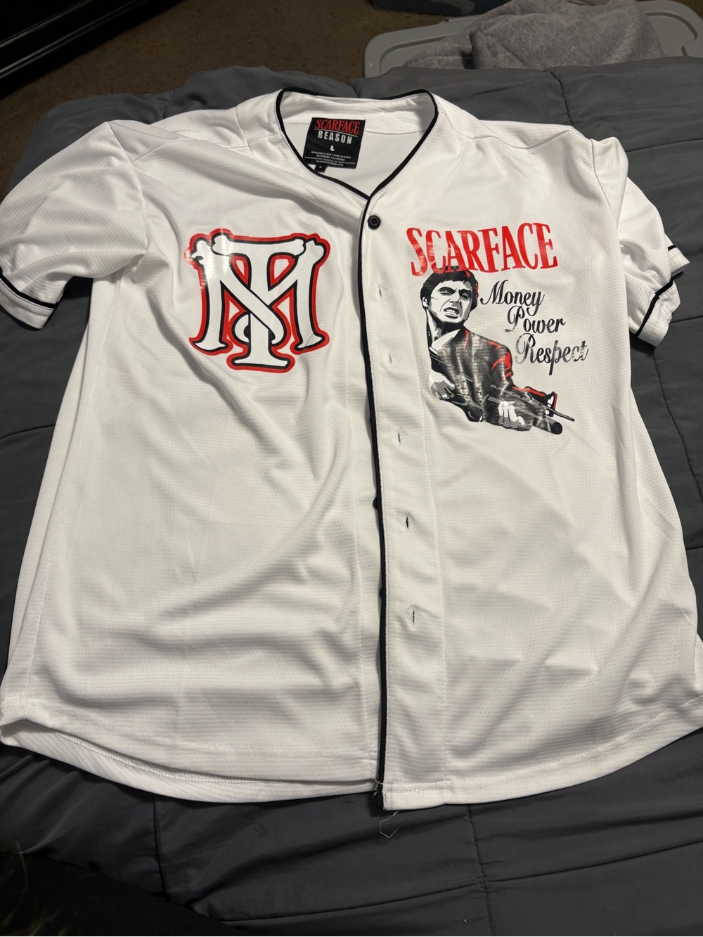 Reason White Scarface Baseball Jersey with Red and Black Graphic